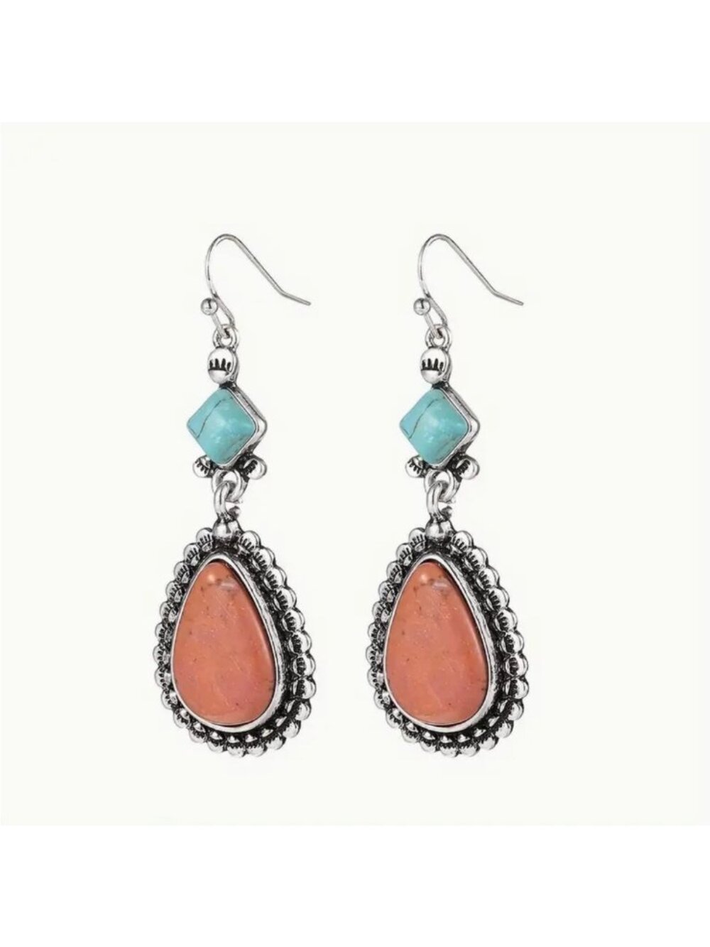 Southwest Style Earrings Imitation Pink Coral Turquoise Dangle Hook Silver Tone